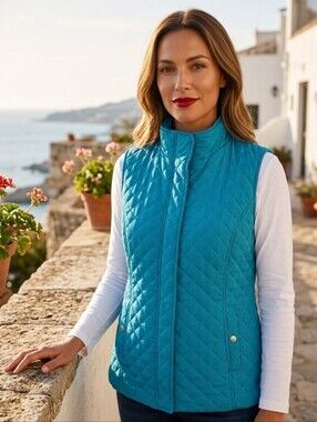 Christopher & Banks Large Teal Blue Quilted Button Front Vest